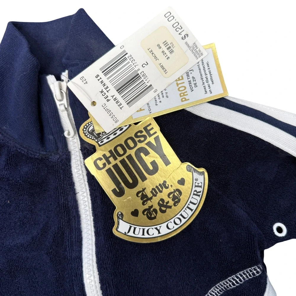 Y2K Juicy Couture Terry Tennis Jacket Kids Size 2 Navy‎ Blue NWT READ Graphic